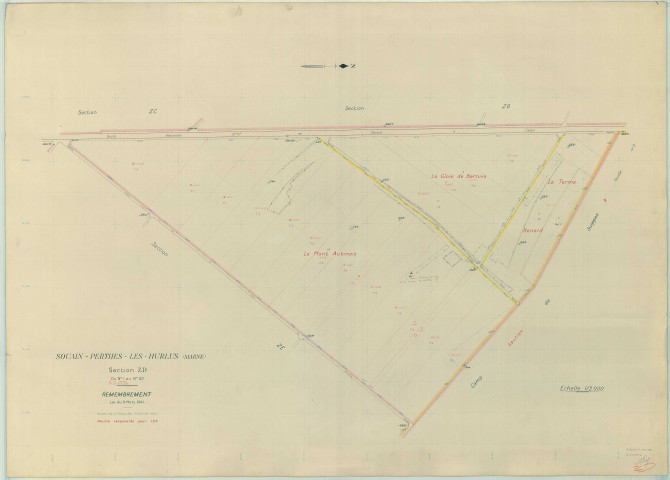 Souain-Perthes-lès-Hurlus (51553). Section ZD échelle 1/2000, plan remembré pour 1956, plan régulier (papier armé)