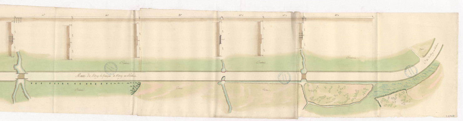 Route départementale n° 2. Plan et profils d'une partie de la route de Vitry le François à Vitry en Perthois, 1749.