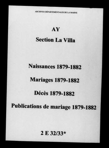 Villa-d'Ay (La). Ay. Naissances, mariages, décès, publications de mariage 1879-1882
