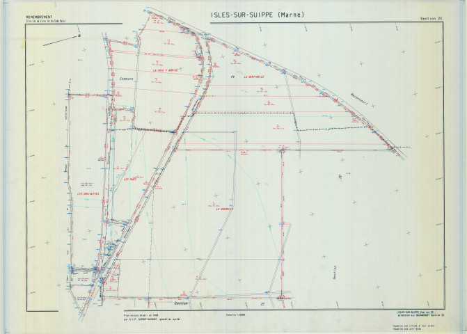 Isles-sur-Suippe (51299). Section ZC échelle 1/2000, plan remembré pour 1995, contient une extension sur Bazancourt ZD, plan régulier de qualité P5 (calque).
