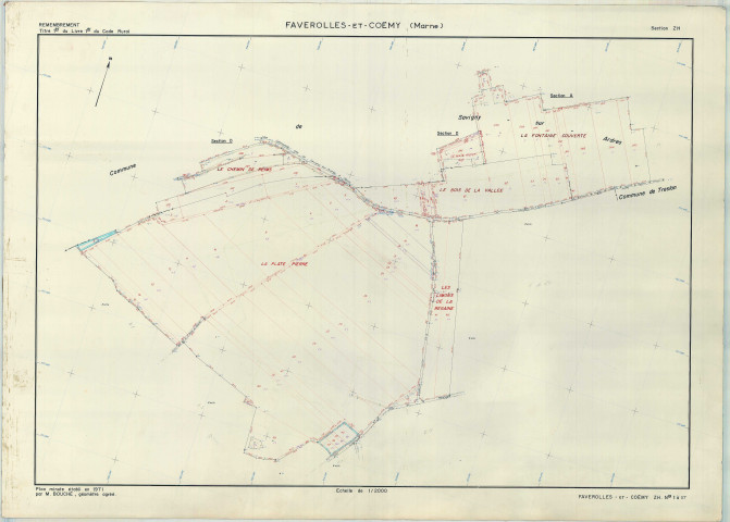 Faverolles-et-Coëmy (51245). Section ZH échelle 1/2000, plan remembré pour 1976, plan régulier (papier armé).