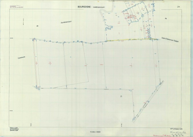 Bourgogne-Fresne (51075). Section ZH 2 échelle 1/2000, plan remembré pour 1982, contient une extension sur Auménancourt ZB, plan régulier de qualité P5 (papier armé).