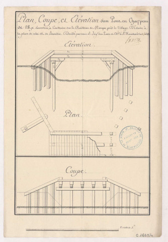 Plan, coupe et élévation d'un pont en charpente de 18 pieds d'ouverture à construire sur le ruisseau de Marque près le village d'Eclaire, 1783.
