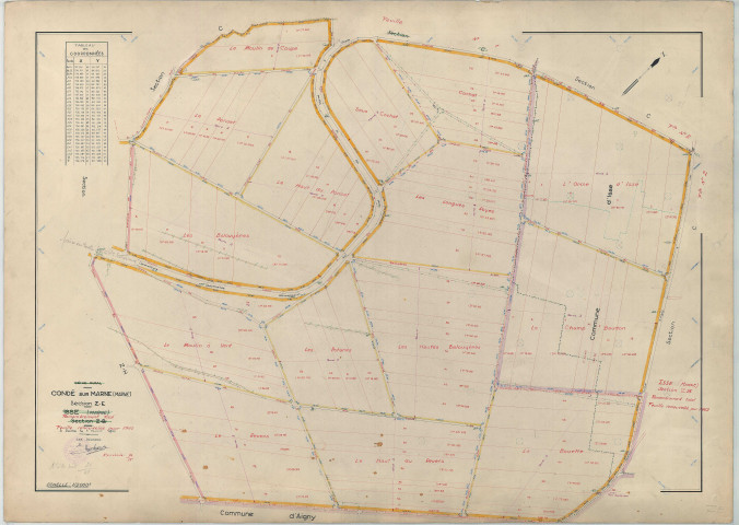 Condé-sur-Marne (51161). Section ZE échelle 1/2000, plan remembré pour 1962 (extension sur Isse section ZB), plan régulier (papier armé)