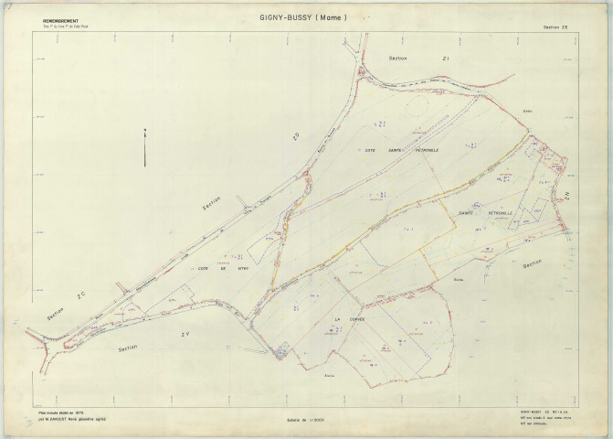 Gigny-Bussy (51270). Section ZE échelle 1/2000, plan mis à jour pour 1975, plan non régulier (papier armé)