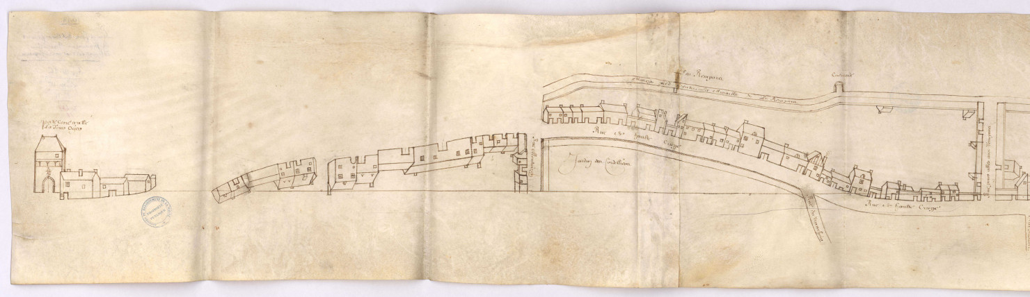 Plan et figure des lieux formant la seigneurie de Pisse-Chien de la Porte de Cérès aux Augustins, à Reims (1648), Nicolas La Joye