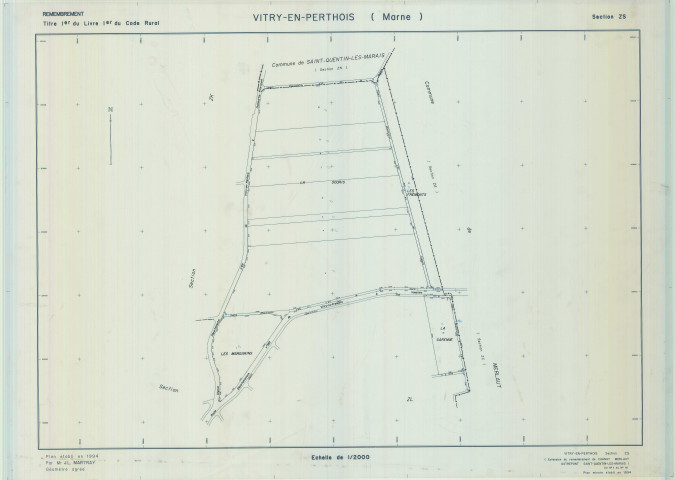 Vitry-en-Perthois (51647). Section ZS échelle 1/2000, plan remembré pour 1974, plan régulier (calque)