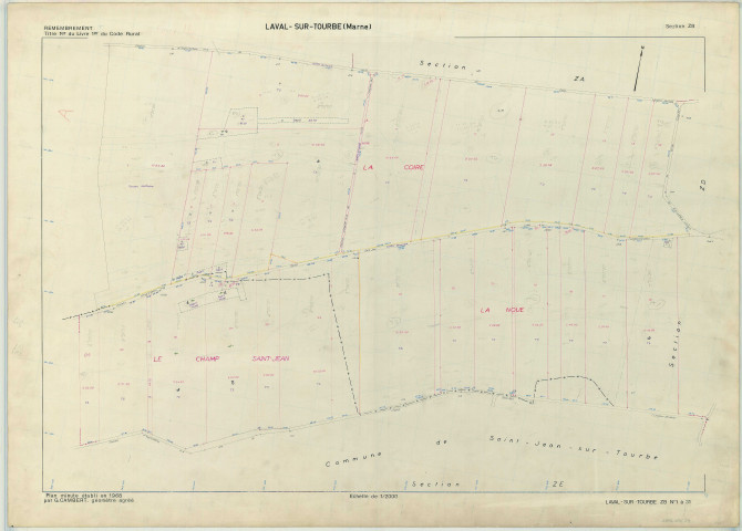 Laval-sur-Tourbe (51317). Section ZB échelle 1/2000, plan remembré pour 1968, plan régulier (papier armé)