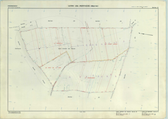 Vitry-en-Perthois (51647). Section ZI échelle 1/2000, plan remembré pour 1974 (extension sur Saint-Quentin-les-Marais ZE), plan régulier (papier armé)