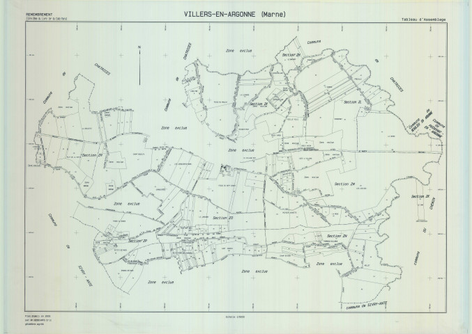 Villers-en-Argonne (51632). Tableau d'assemblage échelle 1/5000, plan remembré pour 2009, plan régulier (calque)