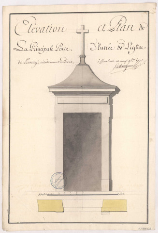 Elévation et plan de la principale porte d'entrée de l'église de Prunay, 1772.
