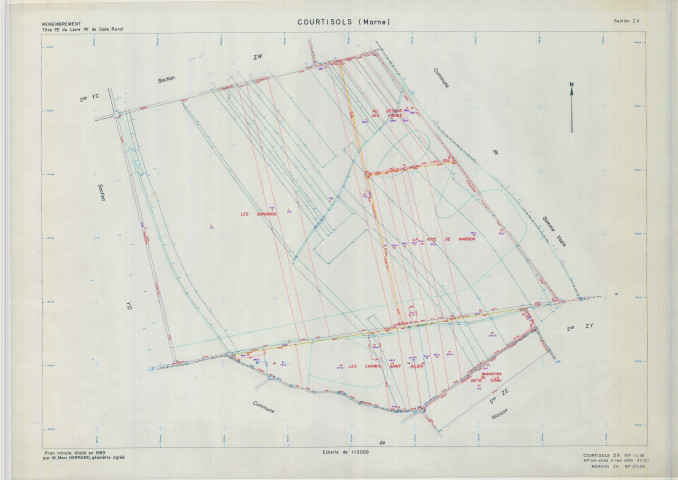 Courtisols (51193). Section ZX échelle 1/2000, plan remembré pour 1989 (extension Sur Marson section ZE), plan régulier (calque)