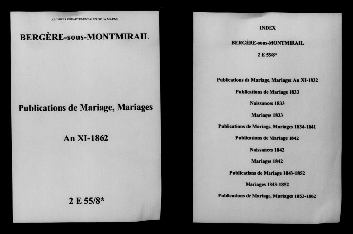 Bergères-sous-Montmirail. Publications de mariage, mariages an XI-1862