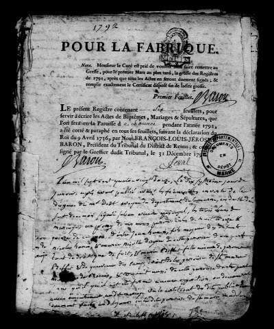 Pourcy. Baptêmes, mariages, sépultures 1792
