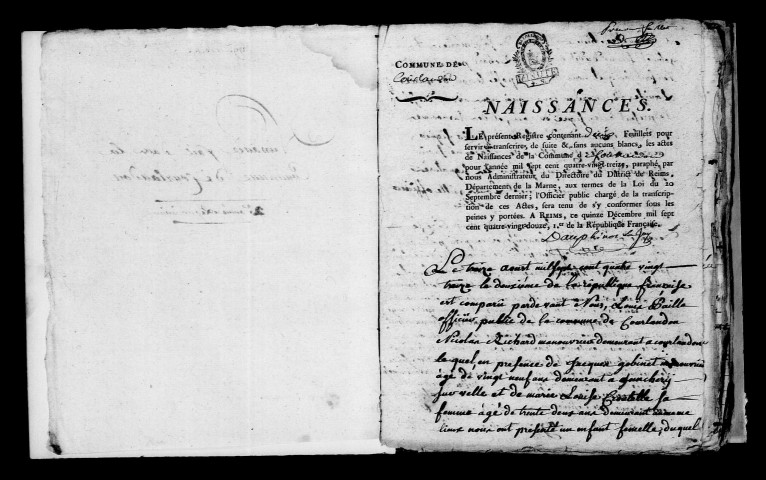 Courlandon. Naissances, mariages, décès, publications de mariage, divorces 1793-an X