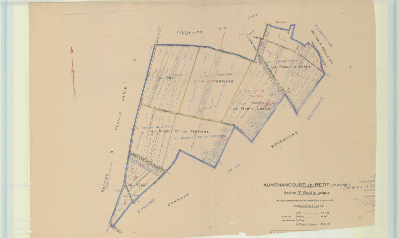 Auménancourt (51025). Section Y1 3 échelle 1/2500, plan mis à jour pour 1957, ancienne commune Aumenancourt le petit (51026), plan non régulier (papier).