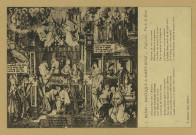 REIMS. 1. Basilique de Saint-Remi - Tapisserie - Vie de Saint-Remi
Dieu puissant dist à Montain
Près son hermitage endormy,
Que Célinie pour certain
Auroit un fils nommé Rémy.
Sainte Célinie après se transporta
Vers son mary Emiles pour affaires
Puis Sainct Remy en vieillesse porta
Quelle enfanta pour bonne Suvre parfaire
Espérant la veue recouvrer
Devant Céline se transporte,
Car Dieu lui promit d'y ouvrer
Par le mystère qu'il rapporte
Le Créateur à ce cas entendit
L'enfant Remy print du lait qu'il tétoit
Et d'iceluy clair veue rendit
A saluet Montain qu'alors aveugle estoi. ReimsF. Rothier, phot-édit.Sans date