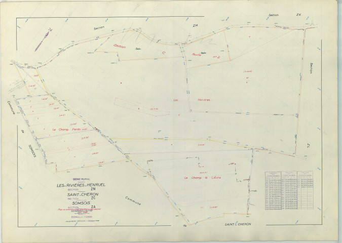 Rivières-Henruel (Les) (51463). Section ZN échelle 1/2000, plan remembré pour 1966 (extension sur Saint-Chéron section ZC et Somsois section ZA), plan régulier (papier armé)