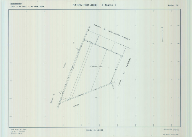 Saron-sur-Aube (51524). Section YK échelle 1/2000, plan remembré pour 01/01/1993, plan régulier de qualité P5 (calque)