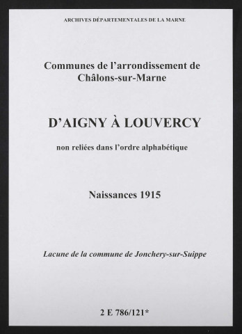 Communes d'Aigny à Louvercy de l'arrondissement de Châlons. Naissances 1915