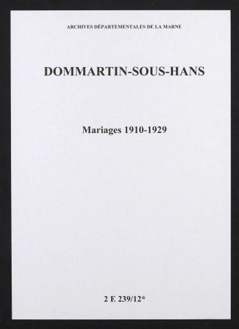 Dommartin-sous-Hans. Mariages 1910-1929