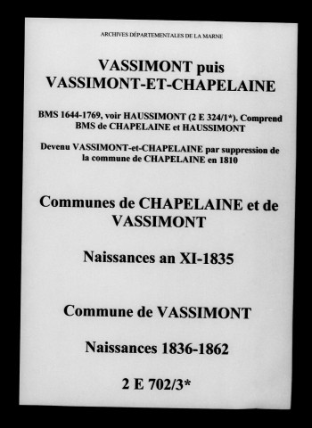 Vassimont-et-Chapelaine. Naissances an XI-1862