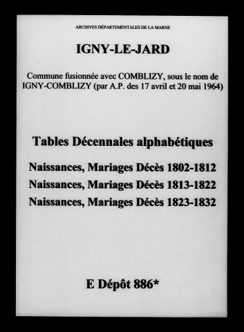 Igny-le-Jard. Tables décennales alphabétiques des naissances, mariages, décès 1802-1832