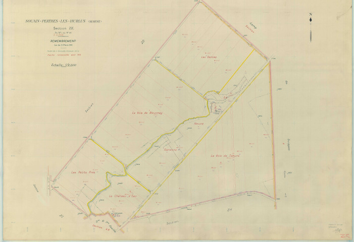 Souain-Perthes-lès-Hurlus (51553). Section ZE échelle 1/2000, plan remembré pour 1956, plan régulier (papier armé)