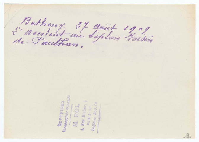 Accident du biplan Voisin de Paulhan à Bétheny le 27 août 1909 / Rol