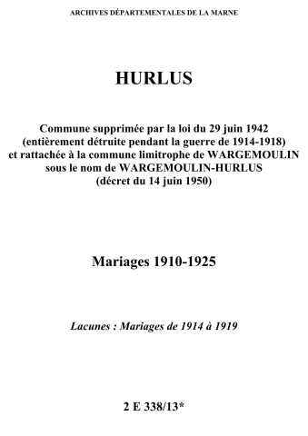 Hurlus. Mariages 1910-1925