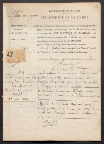 Publication de mariage 1924 de Villers-en-Argonne