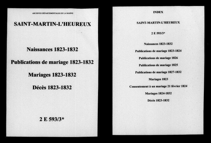Saint-Martin-l'Heureux. Naissances, publications de mariage, mariages, décès 1823-1832