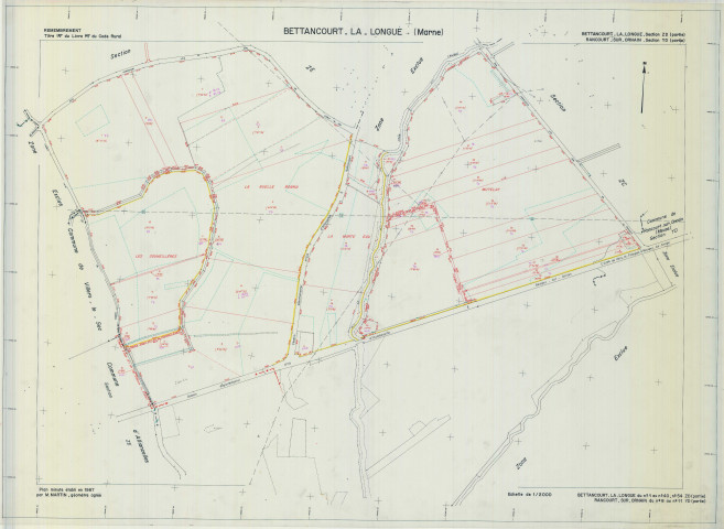 Bettancourt-la-Longue (51057). Section ZD YD échelle 1/2000, plan remembré pour 1987 (parcelles de 1 à 40, extension sur Rancourt-sur-Ornain section YD), plan régulier (calque)