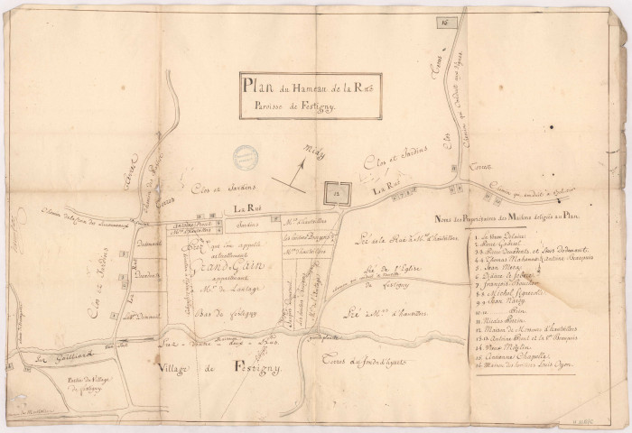 Plan du hameau de la Rue Paroisse de Festigny,1761.
