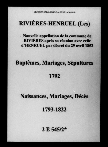 Rivières (Les). Naissances, mariages, décès 1792-1822
