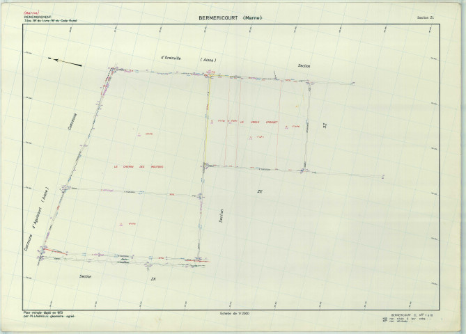 Berméricourt (51051). Section ZL échelle 1/2000, plan remembré pour 1976, plan régulier (papier armé).