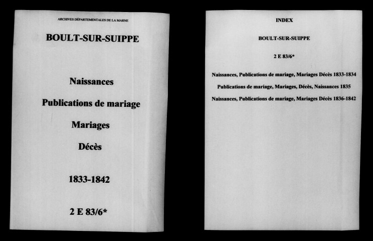 Boult-sur-Suippe. Naissances, publications de mariage, mariages, décès 1833-1842