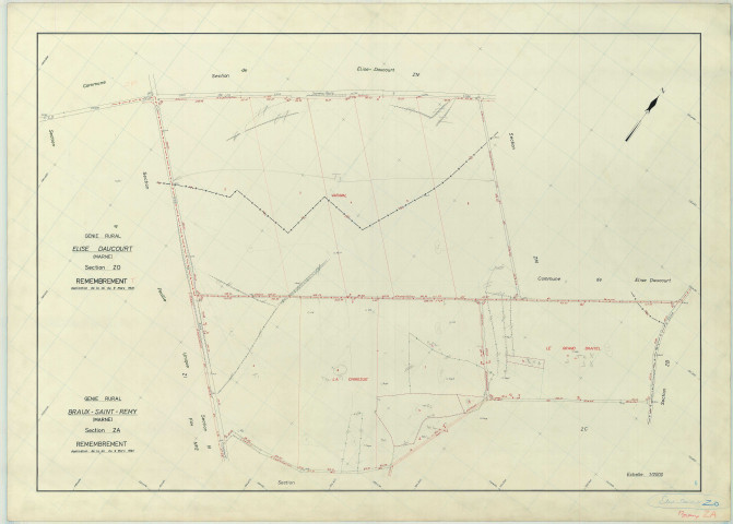 Élise-Daucourt (51228). Section ZO échelle 1/2000, plan remembré pour 1971 (extension sur Braux-Saint-Rémy section ZA), plan régulier (papier armé)