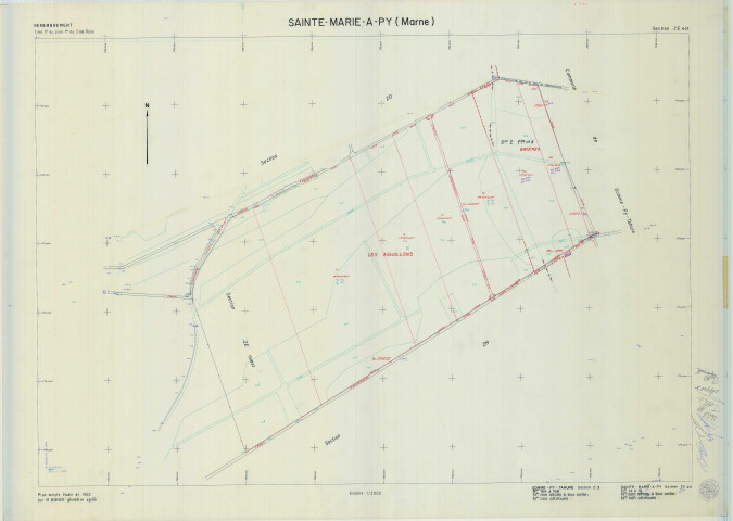 Sainte-Marie-à-Py (51501). Section ZE échelle 1/2000, plan remembré pour 1982 (partie est + extension sur Sommepy-Tahure Z3), plan régulier (calque)