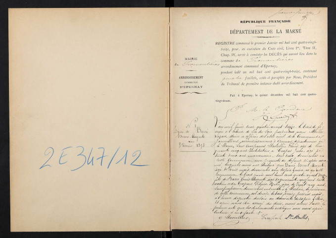 Janvilliers. Décès 1893-1895 et 1897-1929. Mariages 1896