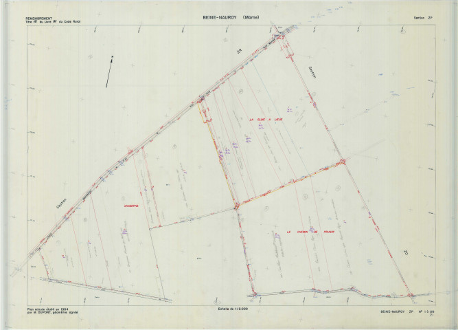 Beine-Nauroy (51046). Section ZP échelle 1/2000, plan remembré pour 1988, plan régulier de qualité P5 (calque).