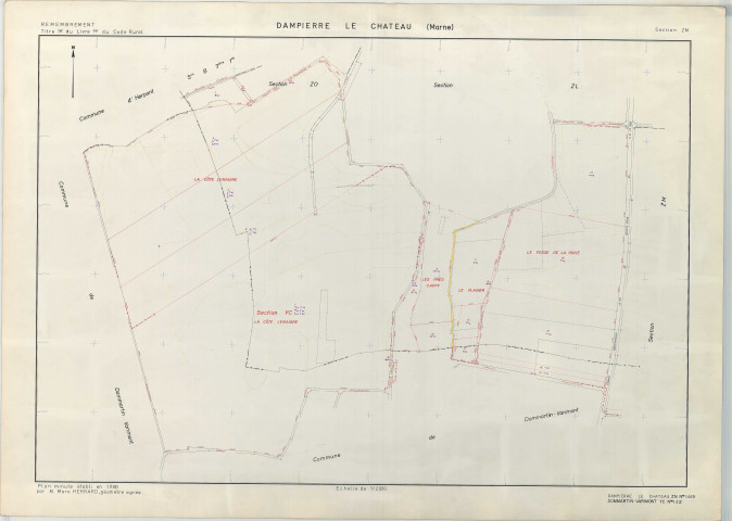 Dampierre-le-Château (51206). Section ZN échelle 1/2000, plan remembré pour 1980 (extension sur Dommartin-Varimont section YC), plan régulier (papier armé)