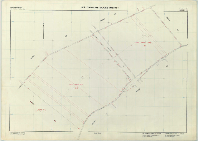 Grandes-Loges (Les) (51278). Section YI YK échelle 1/2000, plan remembré pour 1977 (extension sur section YK), plan régulier (papier armé)