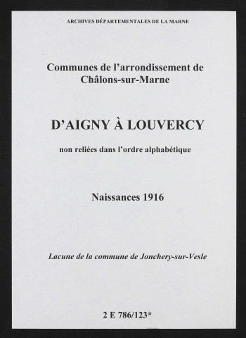 Communes d'Aigny à Louvercy de l'arrondissement de Châlons. Naissances 1916