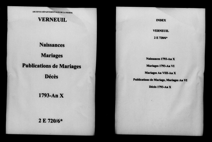 Verneuil. Naissances, publications de mariage, mariages, décès 1793-an X