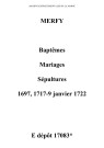 Merfy. Baptêmes, mariages, sépultures 1697-9 janvier 1722