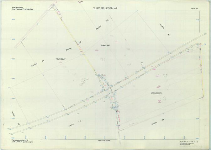 Tilloy-et-Bellay (51572). Section XD échelle 1/2000, plan remembré pour 1976, plan régulier (papier armé)