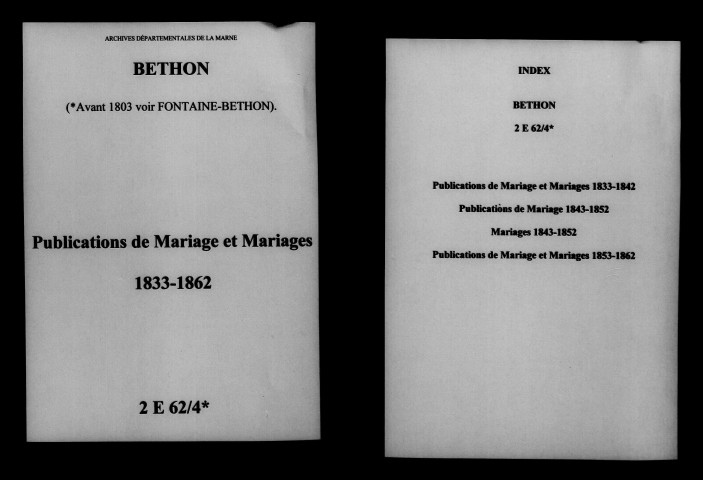 Bethon. Publications de mariage, mariages 1833-1862
