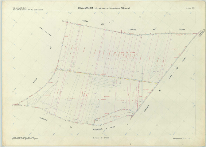 Minaucourt-le-Mesnil-lès-Hurlus (51368). Section ZE échelle 1/2000, plan remembré pour 1966, plan régulier (papier armé)