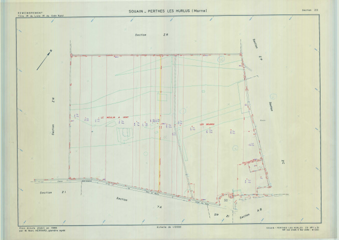 Souain-Perthes-lès-Hurlus (51553). Section ZO échelle 1/2000, plan remembré pour 1986, plan régulier (calque)